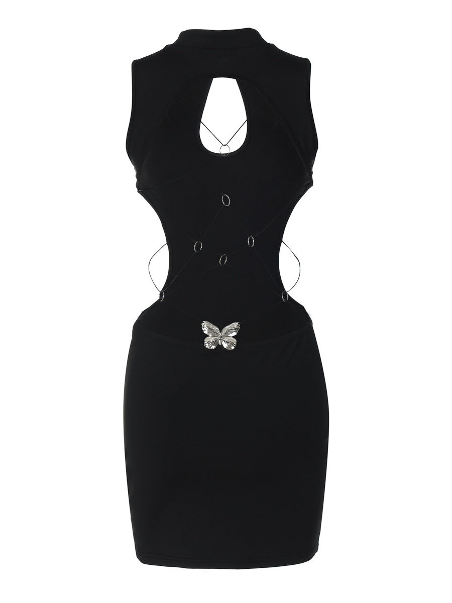 Hollowed-out Backless Design With Butterfly Metal Embellishments Mini&Short Dresses
