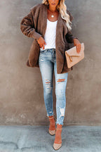 Open Front Hoodied Fuzzy Outwear with Pockets