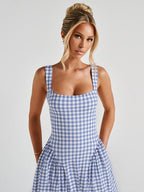 Plaid Print, Fitted Waist, Sexy Backless Halter Maxi Dress