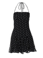 Polka Dot Print Fitted Waist Strapless Halter Neck Short Dress