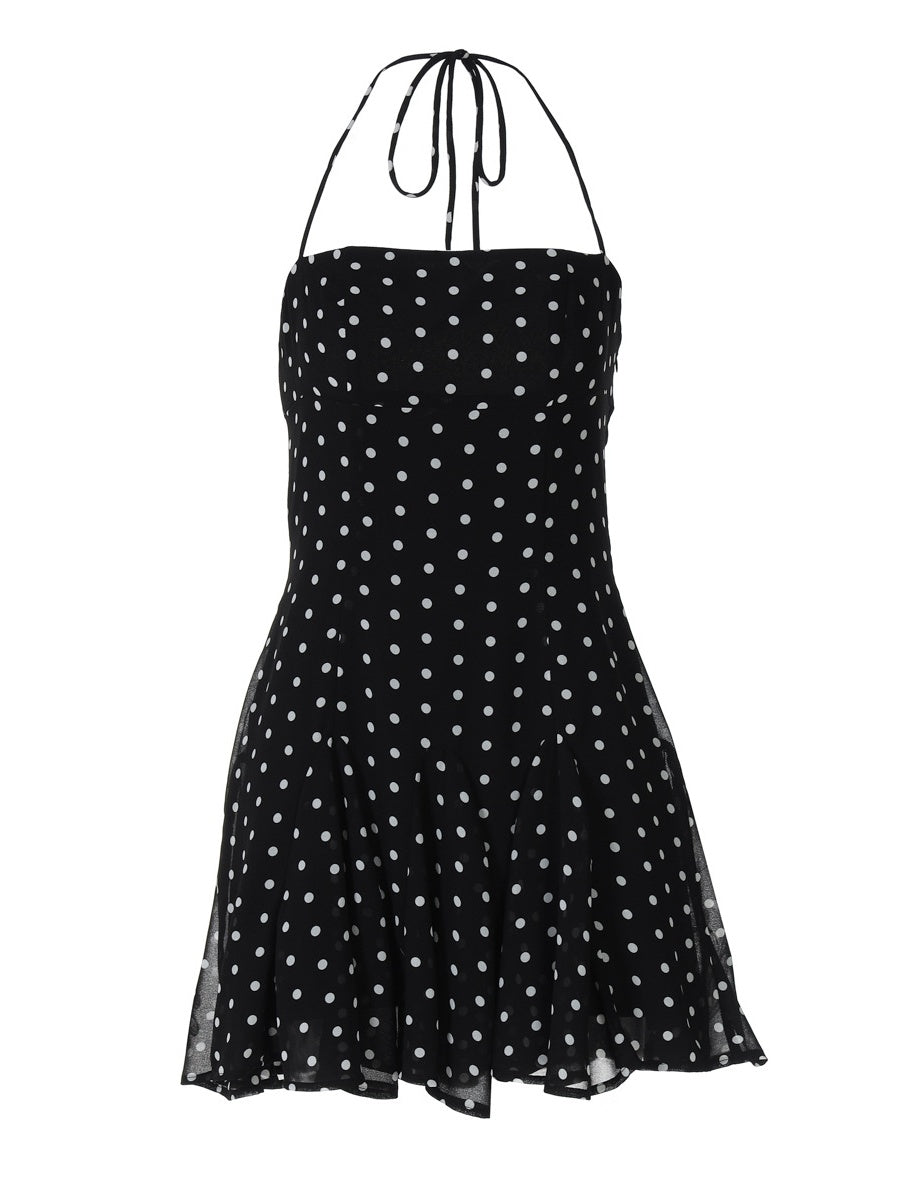 Polka Dot Print Fitted Waist Strapless Halter Neck Short Dress