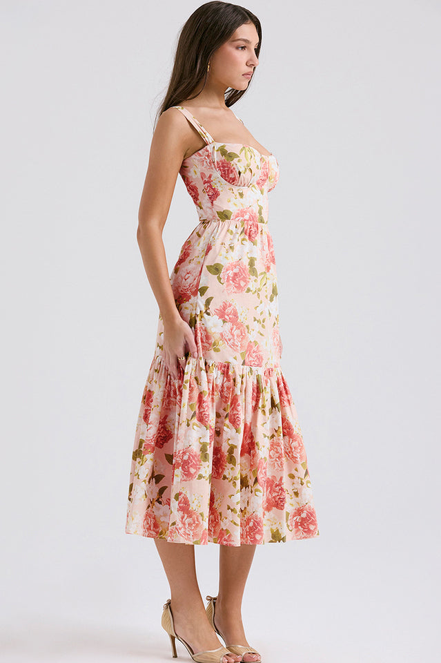 Sweetheart Bustier Wide Strap Floral Tiered Ruffle Midi Dress