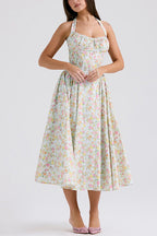 Halter Ruched Waist A-line Printed Midi Sundress