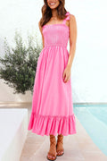 Wide Straps Bow Shoulder Smocked Ruffle Maxi Dress
