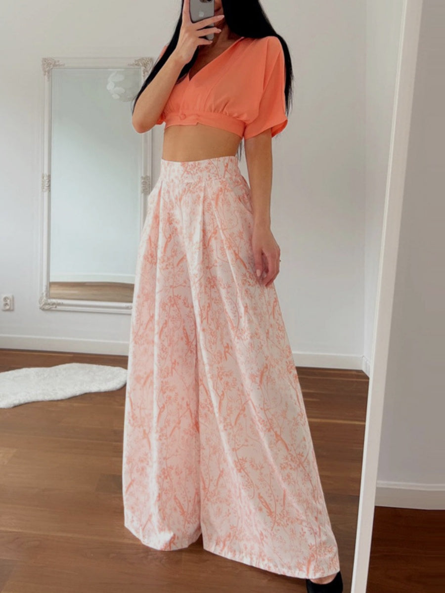 Plant-based Printing Loose Top Wide-leg Pants Set 2-piece Sets