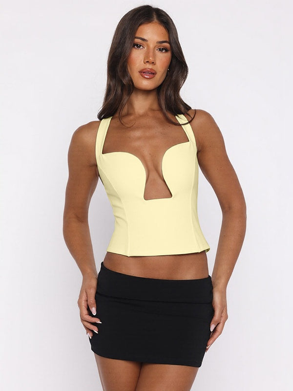 Hollow-out Bralette With Underwire, Tight-fitting Solid Color Halter Neck Double-layer Vest
