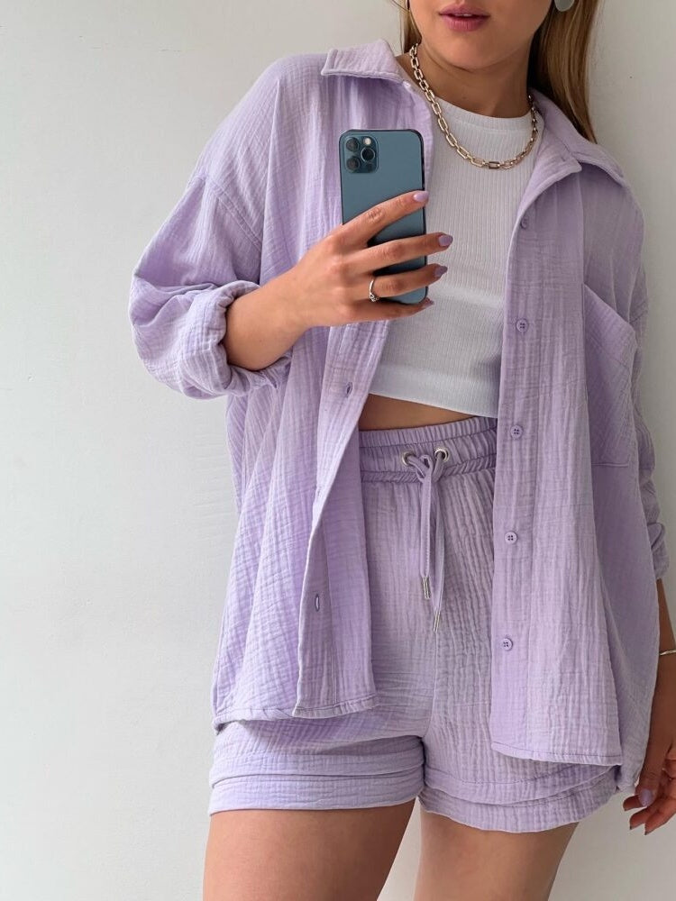 Long-sleeved Shirt And High-waisted Drawstring Shorts Casual Two-piece Set