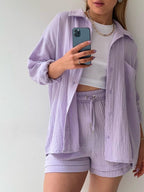 Long-sleeved Shirt And High-waisted Drawstring Shorts Casual Two-piece Set