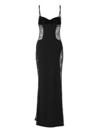 Patchwork Lace Hollow-out Waist-cinching Hip-hugging Spaghetti Strap Long Dress