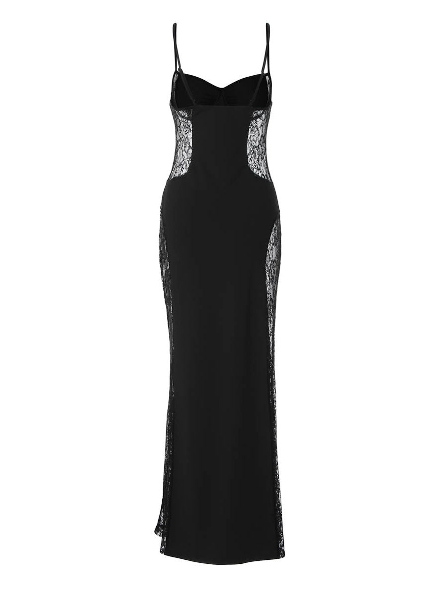 Patchwork Lace Hollow-out Waist-cinching Hip-hugging Spaghetti Strap Long Dress