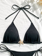 Solid Color Mesh Long Dress Starfish Swimsuit Bikini Three-piece Set