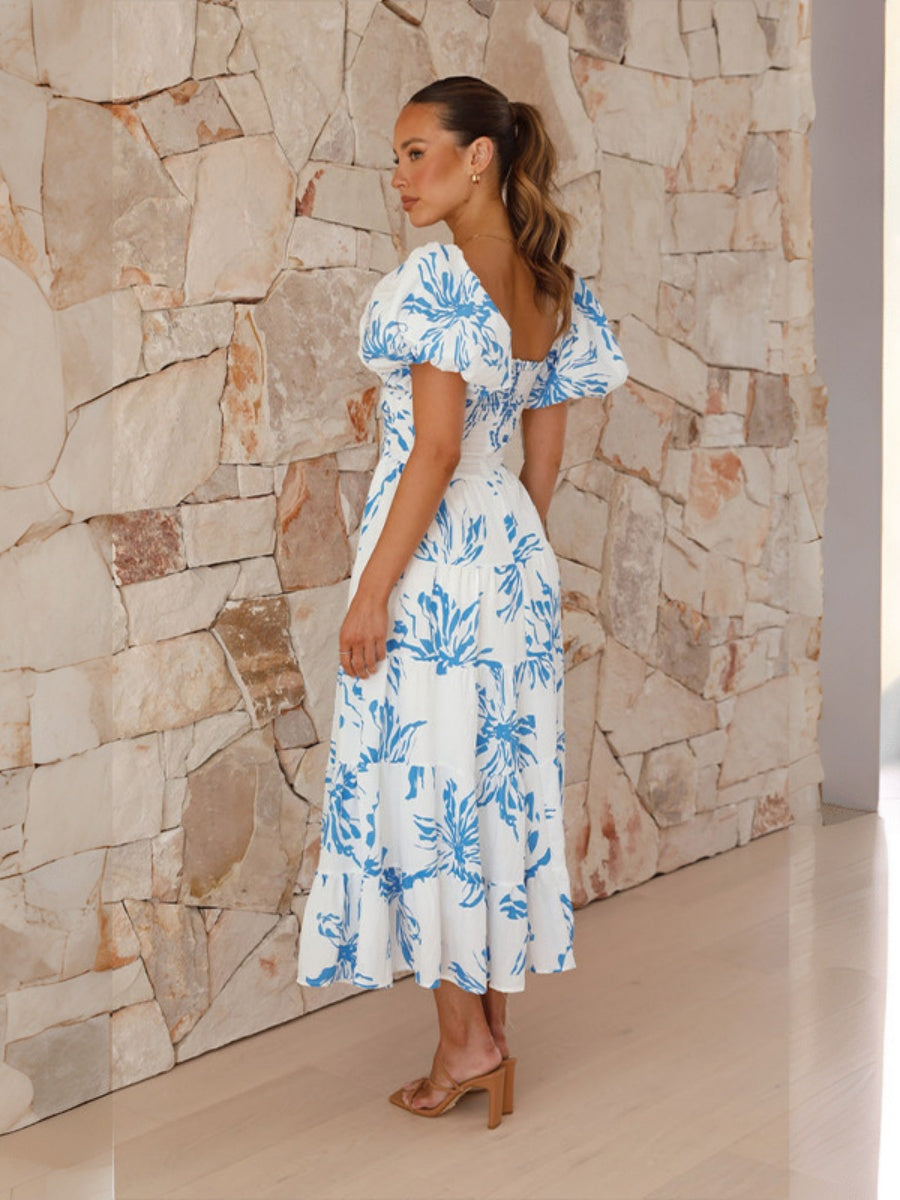 Printed Puff Sleeve Sweetheart Collar Vacation Maxi Dresses