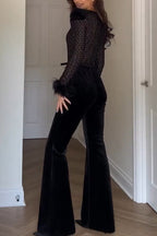 Monique Fish Scale Lace Sequin Velvet Patchwork Feather Trim Belted Stretch Flare Jumpsuit