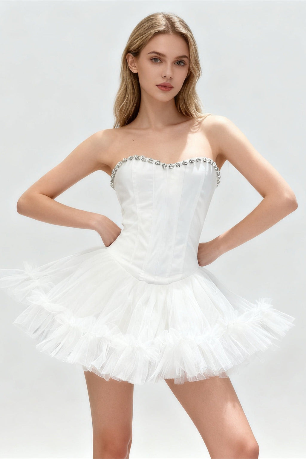 Strapless Sweetheart Corset Beaded Trim Tiered Tulle Ruffle Mini Graduation Mini Dress