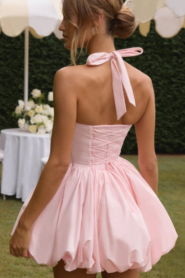 Halter Tie Bow Puffy Tulle Hem Mini Dress