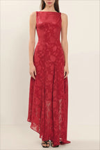 Boat Neck Floral Burnout Fit and Flare Maxi Dress