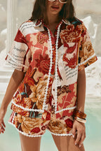 Unique Printed Collared Short-sleeved Loose-fitting Shirt and Casual Floral Trim Shorts Set