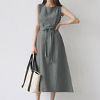 Casual Sleeveless Belted Cotton Dress