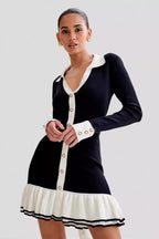 Rib Knit Contrast Collar Pearl Button Ruffle Hem Mini Dress