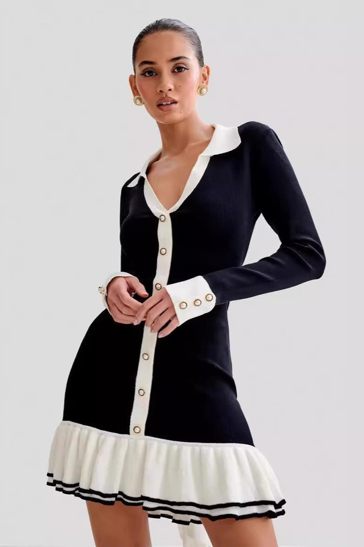 Rib Knit Contrast Collar Pearl Button Ruffle Hem Mini Dress