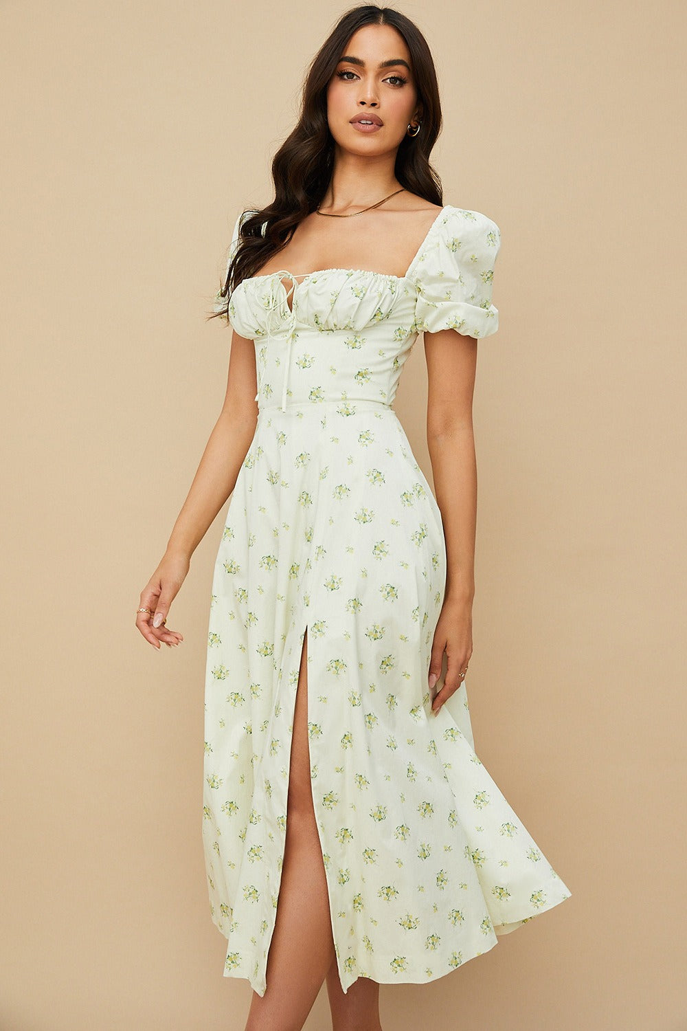 Floral Square Neck Puff Sleeve Ruched Tie Bust High Split Midi Dress