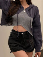 Contrast Color Star Hooded Crop Cardigan