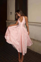 Floral Jacquard Halter Neck Deep V-Neck Pleated Fit and Flare Midi Dress