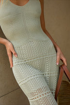 V-Neck Spaghetti Strap Pointelle Openwork Knit Tiered Maxi Sweater Dress