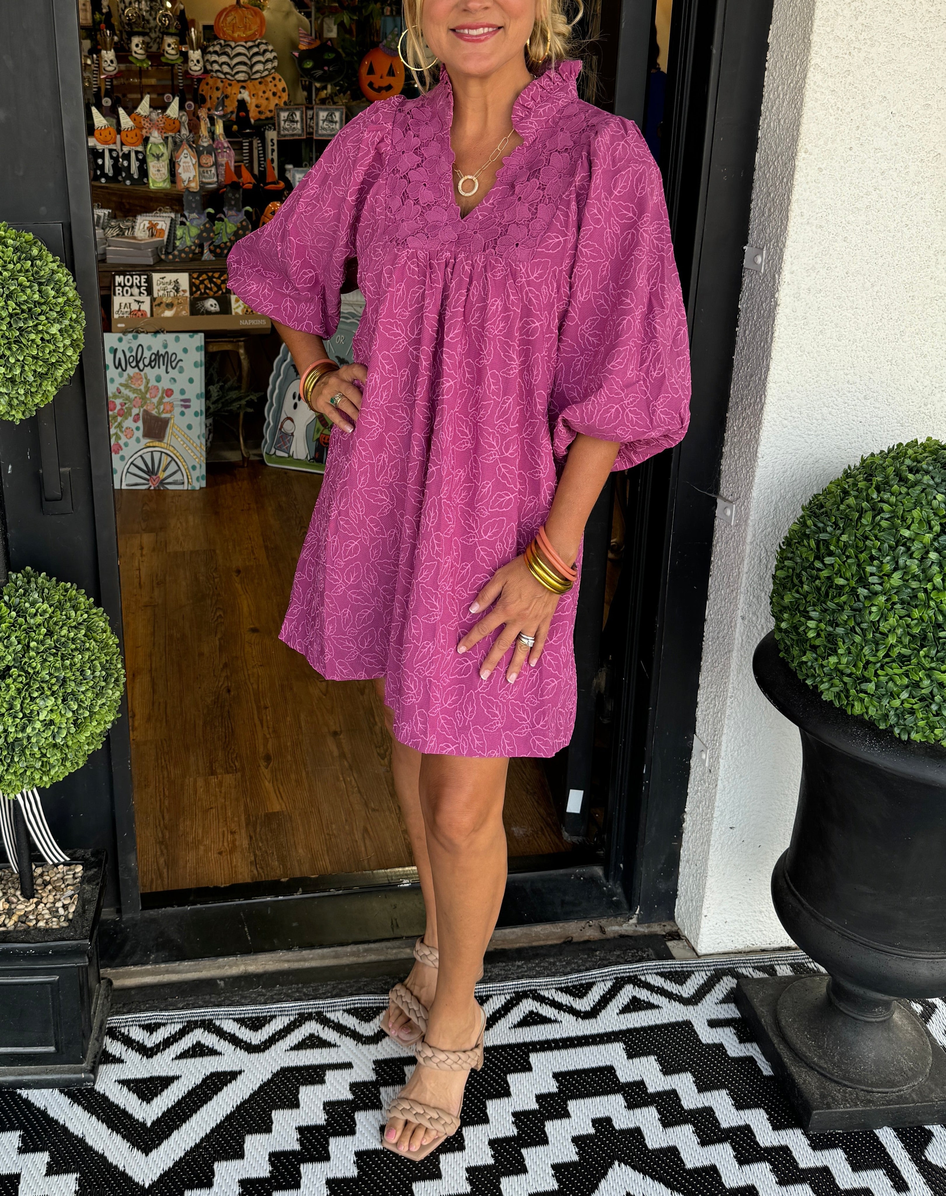 Puff Sleeve V-Neck Ruffle Collar Eyelet Yoke Tiered Mini Dress