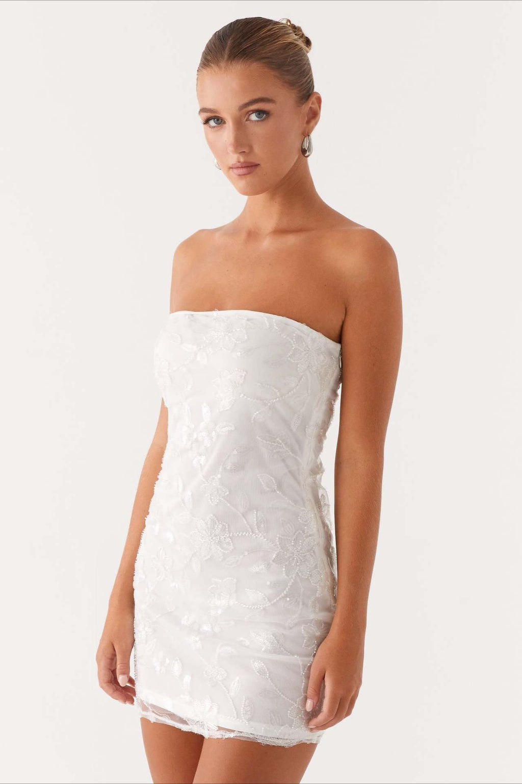 Strapless Sequin Floral Embroidered Mesh Bodycon Mini Dress