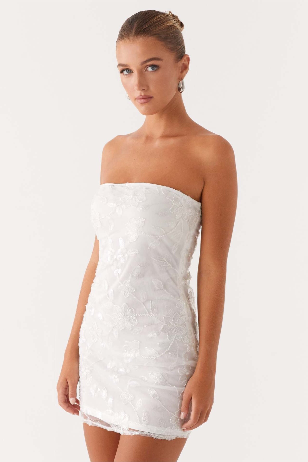 Strapless Sequin Floral Embroidered Mesh Bodycon Mini Dress