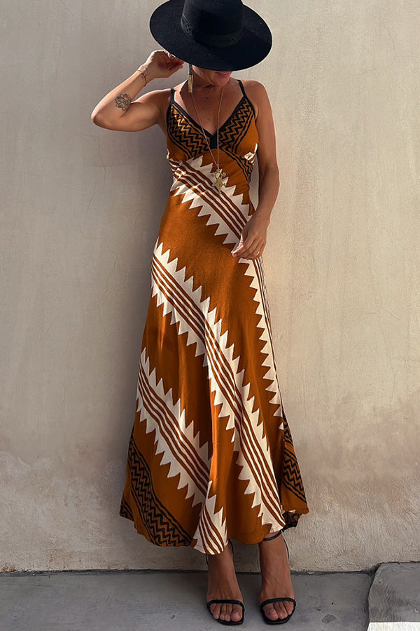 Geometric Print Spaghetti Strap V-Neck Smocked Back Midi Dress