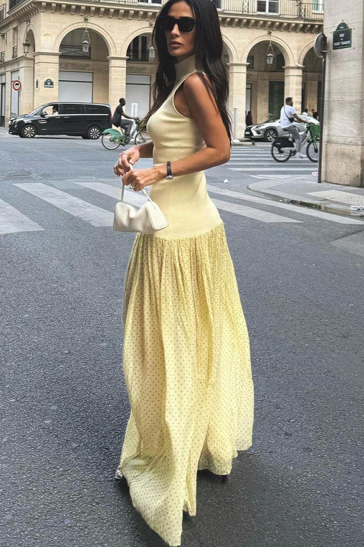 Mock Neck Ribbed Knit Drop Waist Polka Dot Tier Maxi Dress
