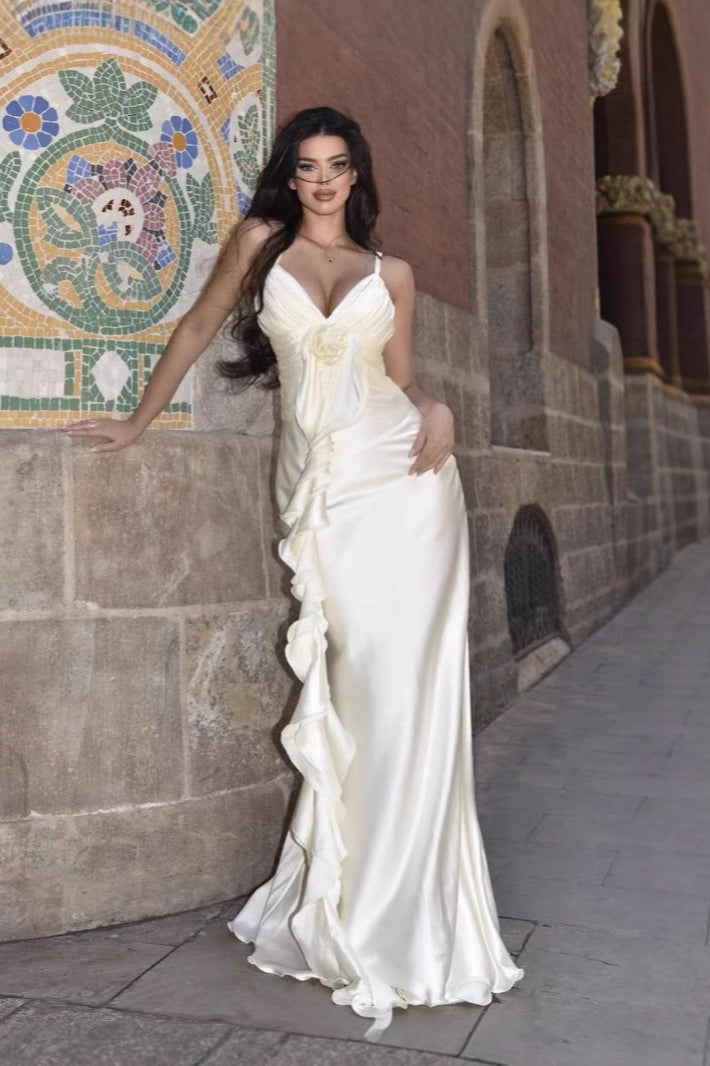 Satin Spaghetti Strap Rosette Ruffle Deep V-Neck Maxi Gown