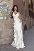 Satin Spaghetti Strap Rosette Ruffle Deep V-Neck Maxi Gown