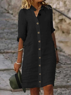 Casual   Big Round Buttons Cotton  Dress