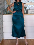 Mock Neck Keyhole Hardware Satin Column Ankle Length Maxi Dress