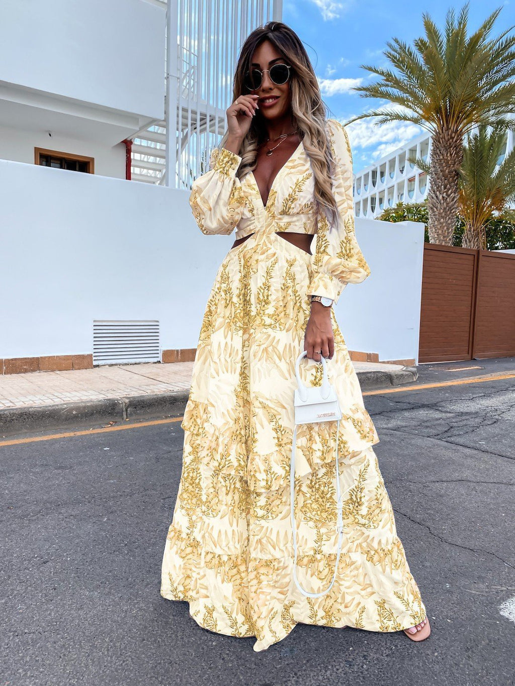 Cutout Leaf Print Maxi Dress for Women - Tropical Lantern Sleeve V Neck Tiered Long Dress - Spring Resort Wear 2026