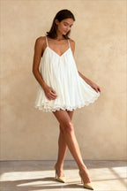 Chiffon Deep V-Neck Spaghetti Strap Swing Trapeze Mini Dress