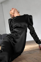 Puff Shoulder Gathered Waist Satin Bias Midi Dress
