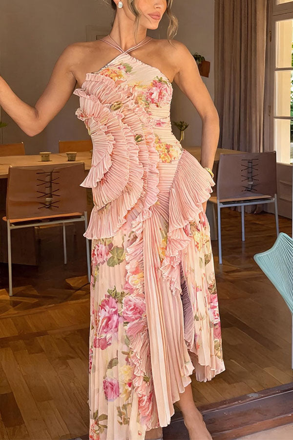 Dream Ode Lily Pad Style Pleats and Ruffles Halter Gown Maxi Dress