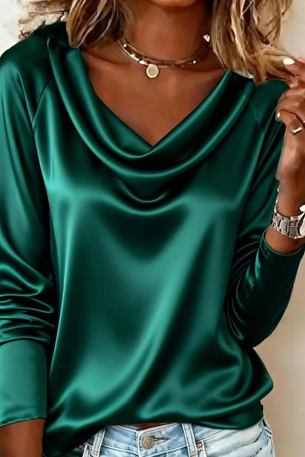 Solid Color Satin Casual Long-sleeved Draped Shirt