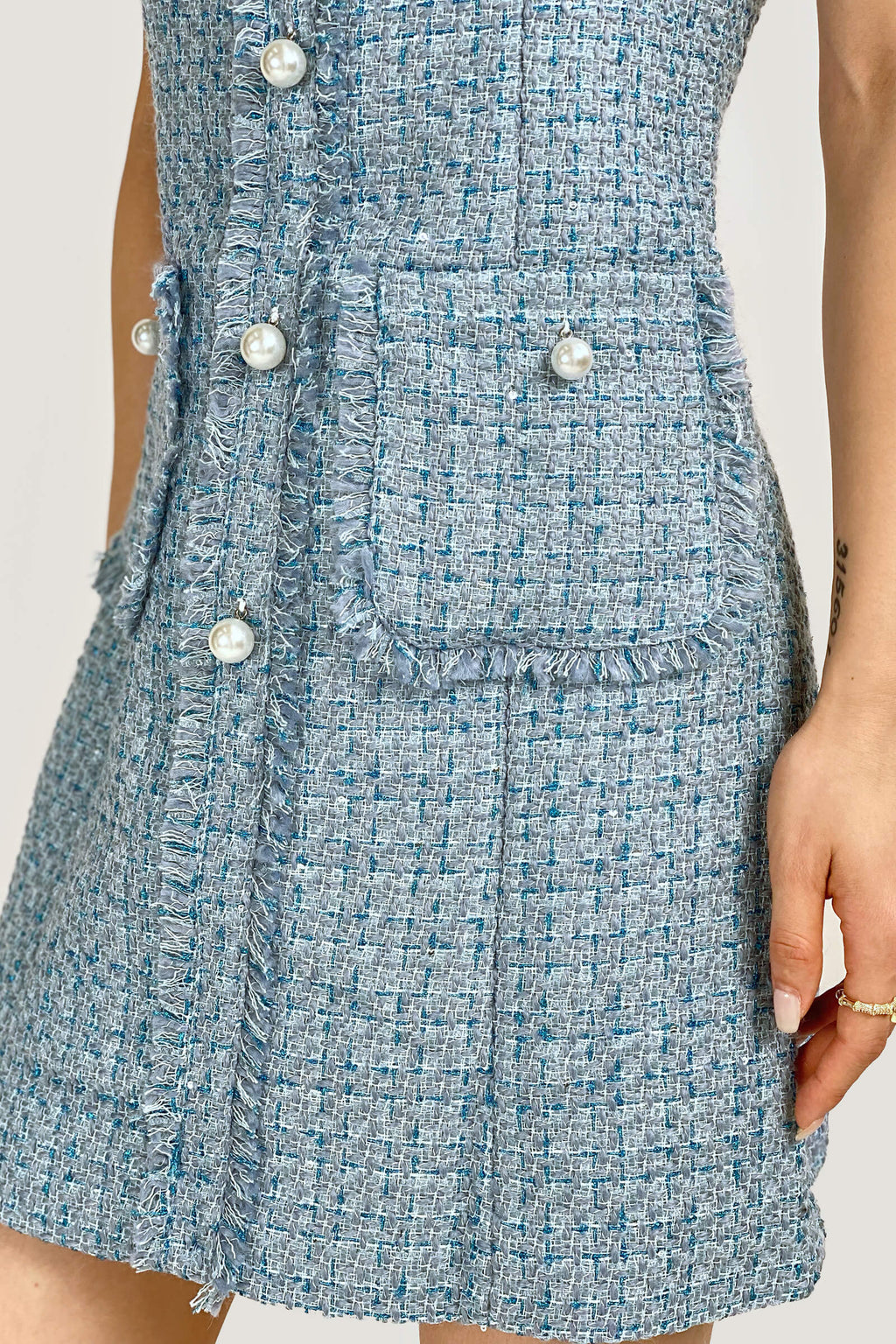 Pearl Embellished Neckline Button Front Fringe Trim Tweed Mini Dress