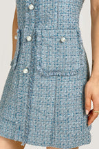 Pearl Embellished Neckline Button Front Fringe Trim Tweed Mini Dress