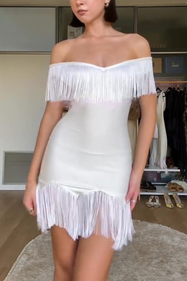 Solid Color V-neck Off-shoulder Slim-fit Tassel Mini Dress