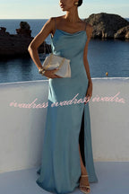Flowing Elegance Satin Draped Neck Backless Ruffle Slit Maxi Dress
