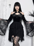 Velvet Cold Shoulder Halter Keyhole Lace Bell Sleeve Tiered Mini Dress
