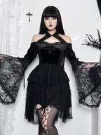 Velvet Cold Shoulder Halter Keyhole Lace Bell Sleeve Tiered Mini Dress