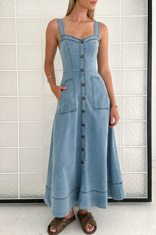 Denim Square Neck Button Front Patch Pocket A-Line Maxi Dress