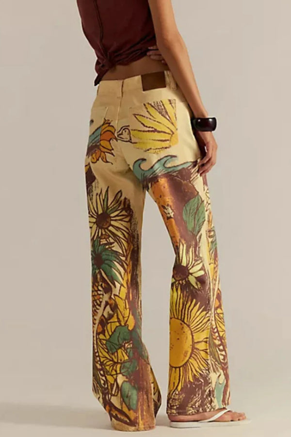 We The Free Denim Playful Doodle Printed Mid Rise Pocket Wide Leg Jeans